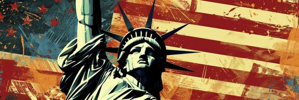 ai gerado estátua do liberdade contra americano bandeira fundo. Julho 4 independência dia. foto
