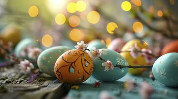 ai gerado fechar acima Páscoa ovos em uma azul cor de madeira mesa contra uma bokeh fundo Páscoa celebração foto