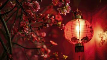 ai gerado feliz chinês Novo ano, suspensão lindo lanterna e flores em vermelho fundo. cópia de espaço. foto