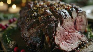 ai gerado Natal prime costela carne filé assado fechar-se, natal cardápio em mesa foto