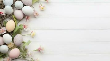 ai gerado Primavera flores e Páscoa ovo com branco de madeira fundo foto