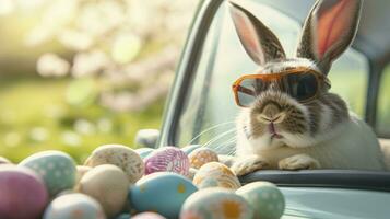 ai gerado fofa Páscoa Coelho com oculos de sol olhando Fora do uma carro arquivado com Páscoa ovos foto