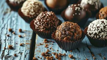 ai gerado brigadeiro dentro papel formulários em azul de madeira fundo, fechar acima foto