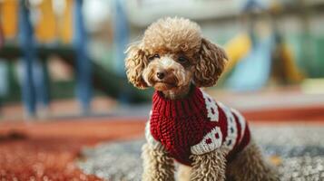 ai gerado a adorável sorrir Castanho brinquedo poodle levando uma cenário dentro a escola Parque infantil vestindo cachorro vestido vermelho e branco suéter foto