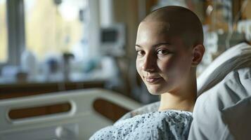 ai gerado jovem Careca mulher dentro hospital cama mundo Câncer dia conceito foto