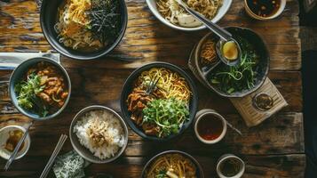 ai gerado a sobrecarga Visão do Comida servido dentro tigela em mesa foto