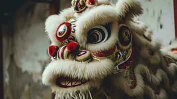 ai gerado chinês tradicional leão dança traje realizando às uma têmpora dentro China, lunar Novo ano celebração, chinês Novo ano foto