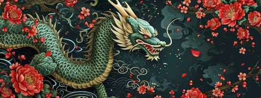 ai gerado ano do a Dragão. chinês Novo ano. congratulatório bandeira com verde Dragão, vermelho flores e fogos de artifício. foto