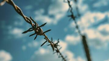 ai gerado farpado fio dentro frente do azul céu com nuvem foto