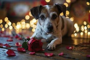 ai gerado uma cachorro com uma rosa atrás dourado bokeh fundo foto