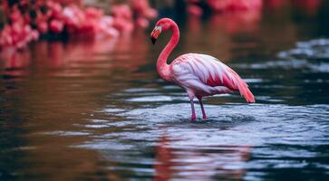 ai gerado Rosa flamingo em a lago, Rosa flamingo natação em a água, fechar-se do uma lindo Rosa flamingo foto