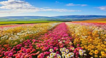 ai gerado campo do flores, flores dentro a campo, colori flores debaixo a céu, colori flores, flores campo foto