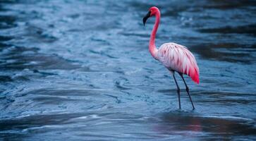 ai gerado Rosa flamingo em a lago, Rosa flamingo natação em a água, fechar-se do uma lindo Rosa flamingo foto