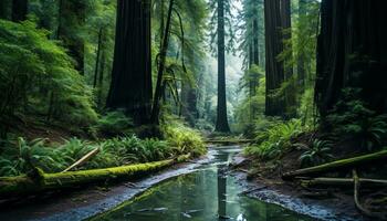 ai gerado uma caminho através a madeiras com alta árvores foto