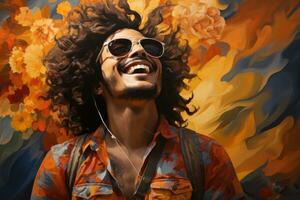 ai gerado sorridente afro americano homem realista imagem em pé jovem pintura camisa generativo ai foto