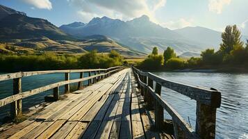 ai gerado rústico de madeira ponte em uma sereno rio com montanha pano de fundo foto