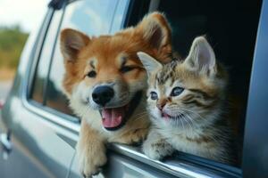 ai gerado feliz cachorro e gato juntos dentro carro olhando Fora do a janela. verão vocação viagem foto