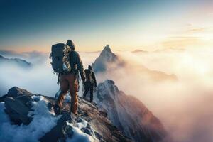 ai gerado Nevado nebuloso montanha alpinistas, 2 alpinistas escalar para a topo do Nevado montanha, caminhada, ai generativo foto