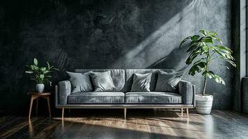 ai gerado Preto vivo quarto interior Projeto com sofá mínimo estético 3d rendido foto