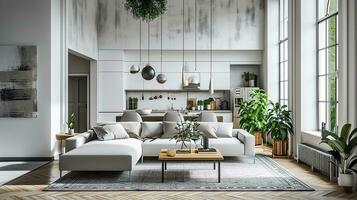 ai gerado vivo quarto interior Projeto com sofá mínimo estético 3d rendido foto