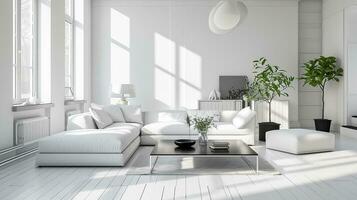 ai gerado branco vivo quarto interior Projeto com sofá mínimo estético 3d rendido foto