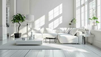 ai gerado branco vivo quarto interior Projeto com sofá mínimo estético 3d rendido foto