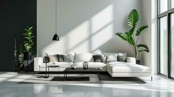 ai gerado Preto e branco vivo quarto interior Projeto com sofá mínimo estético 3d rendido foto