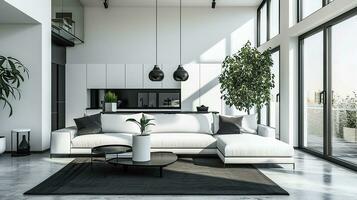 ai gerado Preto e branco vivo quarto interior Projeto com sofá mínimo estético 3d rendido foto