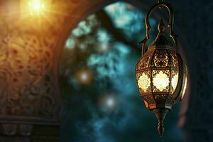 ai gerado suspensão ornamental árabe lanterna brilhando às noite convite para muçulmano piedosos mês Ramadã kareem foto