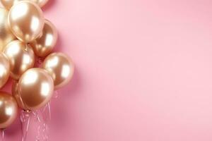 ai gerado dourado balões com fitas em Rosa fundo foto