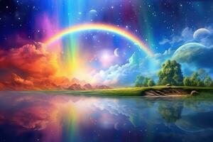 ai gerado lindo fantasia panorama com arco Iris e lago foto