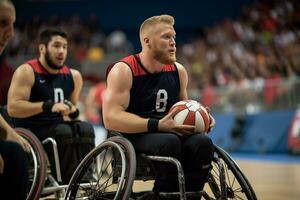 ai gerado paralímpico jogos, atleta basquetebol jogador segurando uma bola dentro dele mãos foto