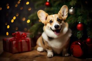 ai gerado adorável galês corgi Pembroke a comemorar feliz Novo ano e alegre Natal. Alto qualidade foto