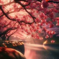 ai gerado hiper realista sakura cereja Flor árvore folhas japonês festival manhã orvalho Osaka Tóquio foto