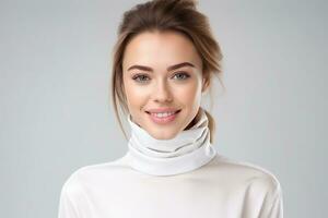 ai gerado retrato do feliz mulher vestindo de pescoço alto em branco isolado fundo foto