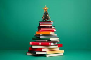 ai gerado Natal árvore fez do livros em verde fundo foto