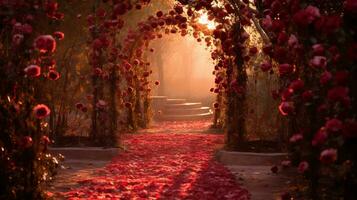 ai gerado lindo beco dentro a parque com vermelho rosa pétalas dentro outono foto