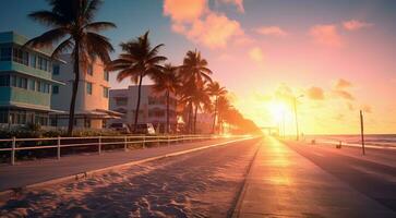 ai gerado miami de praia cena, miami rua com Palmeiras, Palmeiras dentro a miami foto