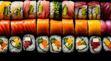 ai gerado fechar-se do Sushi rolos em a mesa, Sushi rolos definir, Sushi fundo, conjunto do Sushi rolos, frutos do mar definir, projetado shushi rolos foto