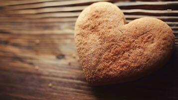 ai gerado em forma de coração biscoitos em uma de madeira fundo. seletivo foco. foto