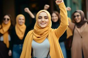 ai gerado grupo do muçulmano amigos vestindo hijab abraçando e sorridente juntos foto