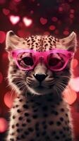 ai gerado super fofa guepardo dentro amor vestindo coração forma Rosa óculos. feliz dia dos namorados dia cumprimento cartão conceito. ai gerado imagem foto