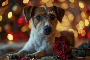 ai gerado uma cachorro com uma rosa atrás dourado bokeh fundo foto