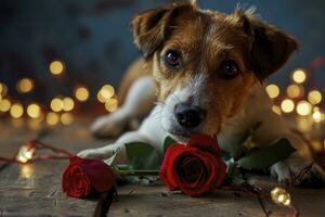 ai gerado uma cachorro com uma rosa atrás dourado bokeh fundo foto