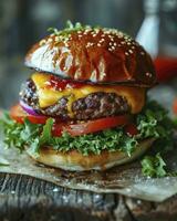 ai gerado uma lindo hamburguer com carne bovina, americano queijo, latus vegetal e tomate em uma de madeira mesa foto