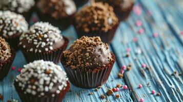 ai gerado brigadeiro dentro papel formulários em azul de madeira fundo, fechar acima foto