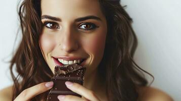 ai gerado jovem mulher comendo doce chocolate Barra em branco fundo foto