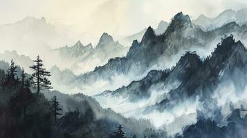 ai gerado uma aguarela panorama do sereno montanhas, inspirado de a chinês estilo do clássico tradicional tinta pintura. foto