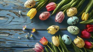 ai gerado Páscoa feriado fundo com Páscoa ovos e tulipa flores em de madeira mesa. topo Visão a partir de acima foto