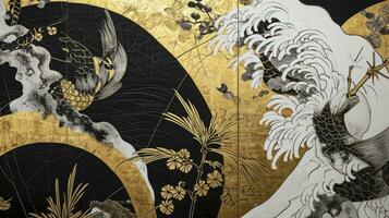 ai gerado branco, Preto e ouro contemporâneo artístico japonês ukiyo-e, dobrando tela ambiente, abstrato, elegante, delicado e luxuoso retro dramático gráfico Projeto elementos foto